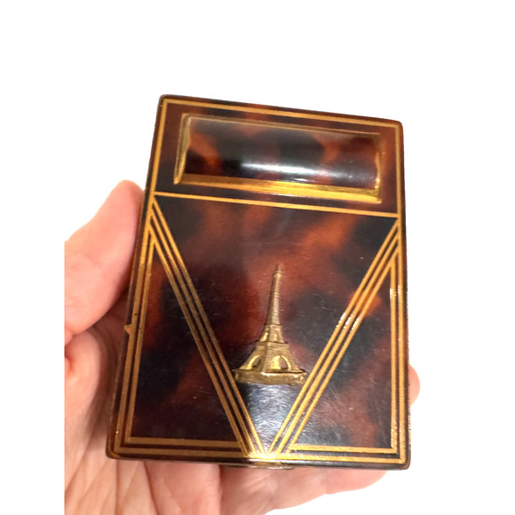 Vintage Eiffel Tower Powder Compact Tortoise Made In France Art Deco w Mirror - Picture 2 of 10